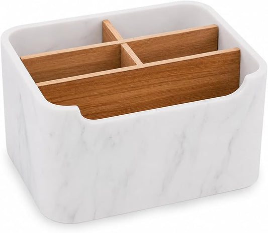Remote Control Holder with Removable Wood Compartments for Media Devices, Desktop Stationery, and Bedside Nightstands,White