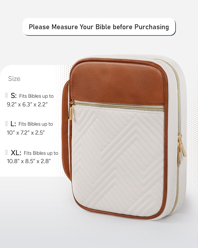 BellaHold Quilted Vegan Leather Bible Cover, Color-Blocked Bible Cover Case for Women, Large Bible Carrying Case with Handle, Bible Study Supplies & Christian Gift for Women (White & Brown, M/L)