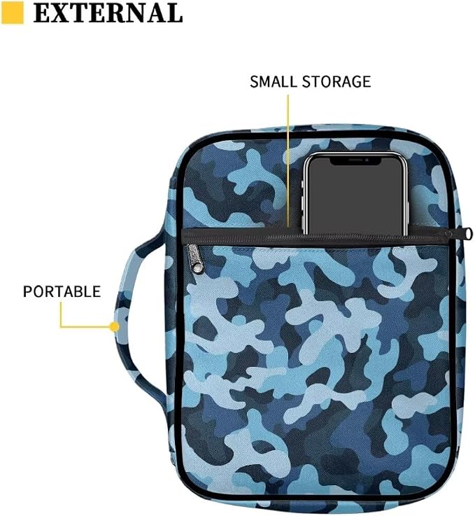 Coldinair Blue Camo Bible Cover for Kids Teen Men Church Bible Protective Book Case with Pen Slot Handle & Zippered Pocket Travel Christian Bible Accessories