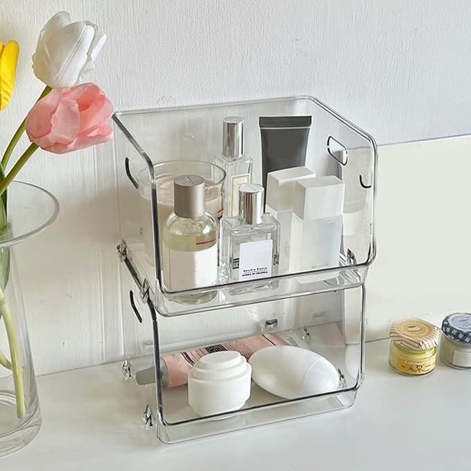 STAHAD 2pcs Portable Stackable Desktop Storage Organizer Boxes Small Size Multi-purpose Household Storage Containers for Makeup, Office Supplies, and Bedroom Use