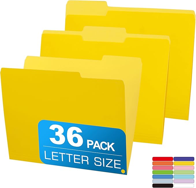 Two Tone Color File Folder 8.5 x 11 Inch,36 Packs Yellow File Folders,1/3 Cut Tab File Folder Letter Size, Assorted Colors,Manila File Folders for Office,School and Home,Organization