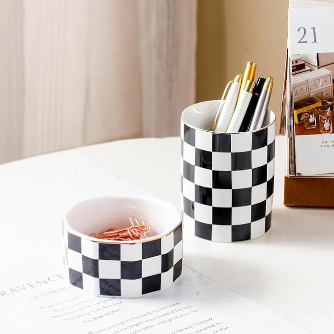 Aesthetic Desk Organizer Set of 2 For Office, Pen Holder and Paper Clip Holder Dispenser, Checkered Ceramic Cute Pencil Cup Pot, Desktop Accessories, Office Decor, Ideal Gifts (Black)