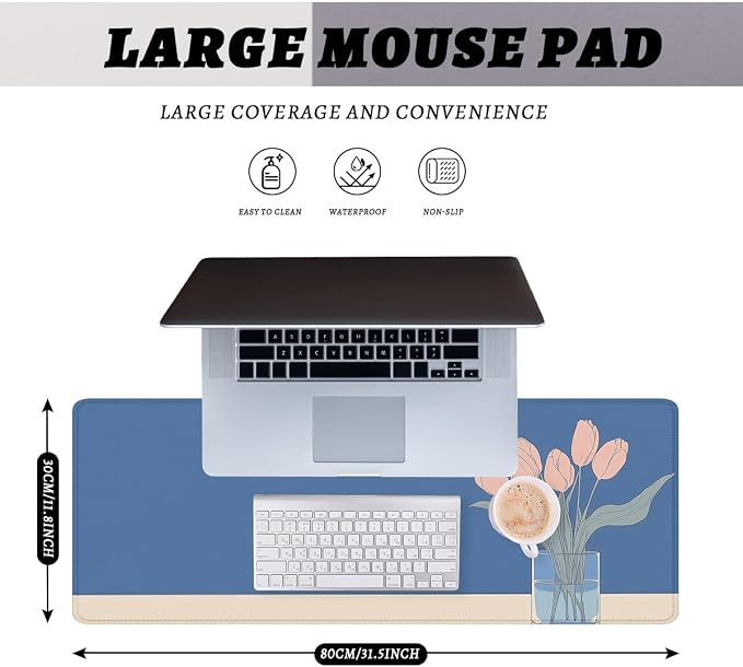 Minimalist Flowers Desk Mat Gaming Mouse Pad Blue Tulip Vase Large Gaming Mouse Mat with Stitched Edges,Non-Slip Waterproof Rubber Base Mous Mat Office Computer Keyboard 31.5"x11.8"