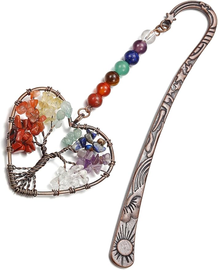 Jovivi 7 Chakra Crystal Bookmark,Antique Copper Metal Bookmark,Handmade Vintage Healing Crystals Heart Tree Life Tumbled Gemstone Pendant Bookmarks Gifts for Women Men Book Lovers