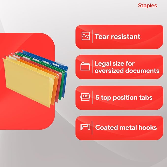 Staples Heavy‑Duty Reinforced Hanging File Folders, Legal Size, 1/5‑Cut Tabs, Assorted Colors, Durable Box‑Bottom Construction – 25/Box