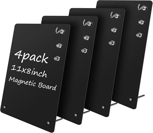 Magnetic Metal Display Bulletin Board, 4 Pack, Black Vertical | 11x8 Inch, Includes 12 Magnets, For Memos Messages Photos, Home School Kitchen Office