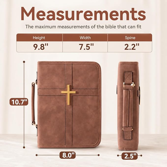 Bible Cover for Men and Women, PU Leather Large Bible Bag with Handle & Shoulder Strap, Bible Carrying Case with Cross Design and Pockets for Church, Bible Study & Christian Gifts, Brown