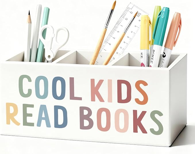 Book Lovers Gifts Pen Holder, Book Reader Gifts Pencil Holder for Desk, Boho Cool Kids Read Books Wooden Box Sign Decorations for Reading Room Corner Nook Classroom Desk Tabletop