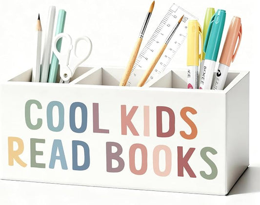 Book Lovers Gifts Pen Holder, Book Reader Gifts Pencil Holder for Desk, Boho Cool Kids Read Books Wooden Box Sign Decorations for Reading Room Corner Nook Classroom Desk Tabletop