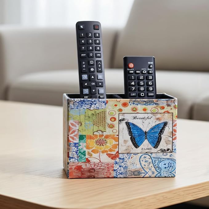 Decorative Remote Control Holder, Leather TV Remoter Caddy Storage Box Desktop Organizer Makeup Brush Pen Holder Storage Fits TV Remotes, Media Controllers, Office Supplies (Butterfly Pattern)