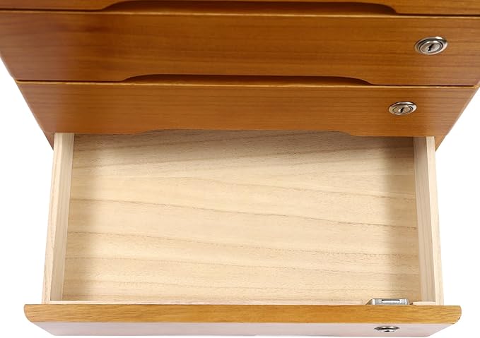 Lockable Desk Organizer Wooden Desktop Drawers Office Flat Files Storage Box Locking Countertop Storage Cabinet (Wood Yellow, 4-Tier)