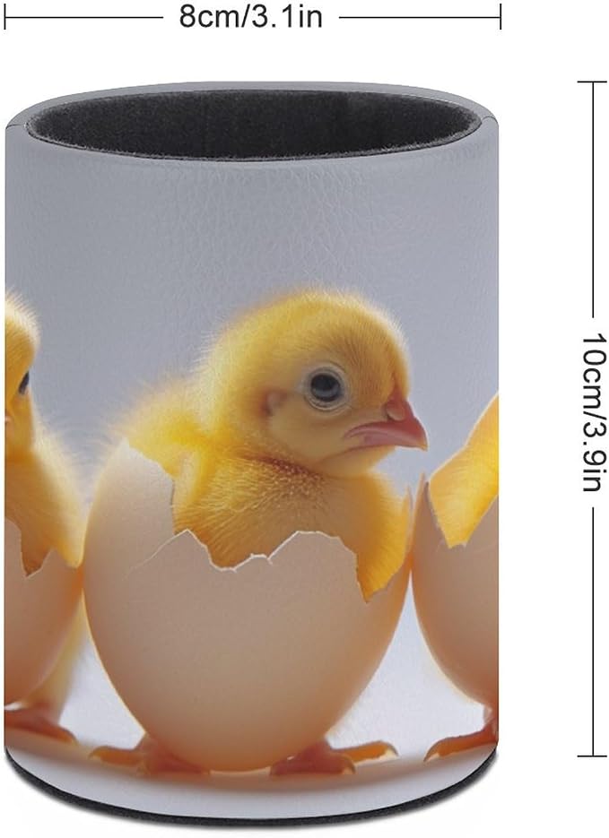 Lots of Chicks in Eggshells Pencil Holder Round Pen Cup Funny Animal PU Leather Marker Holder Makeup Brush Holders Desk Accessories Workspace Organizers for Home School Office