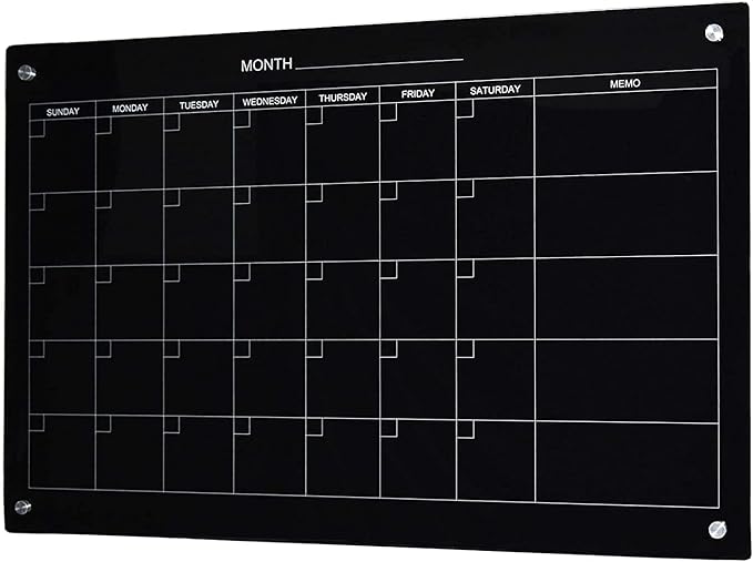 Audio-Visual Direct Magnetic Black Calendar Glass Dry-Erase Board Set - 3' x 2' - for Wall - Monthly Planner