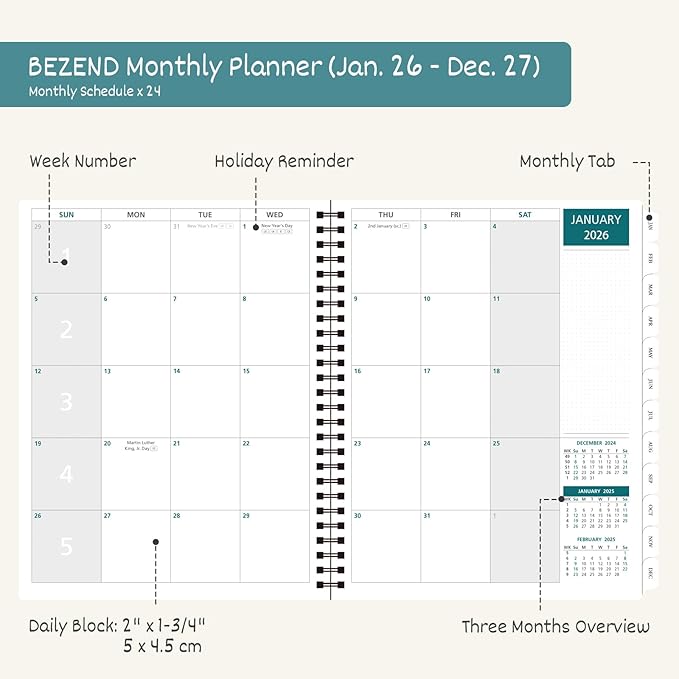 BEZEND Monthly Planner 2026-2027 (Spiral-8.5" x 11") 2 Year Calendar Book with Note Pages - Jan 26 to Dec 27-120 GSM Paper, Inner Pockets, Laminated Tabs, Vegan Leather Softcover - Sky Blue