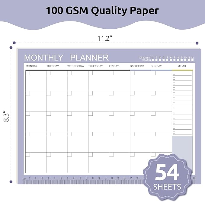 Phyxin Undated Planner, 54 Sheets Blank Calendar, 11.2" x 8.3" Monthly Calendar Planner, Tear Off Undated Monthly Planner with Memo for Women, Students, Teachers, Purple