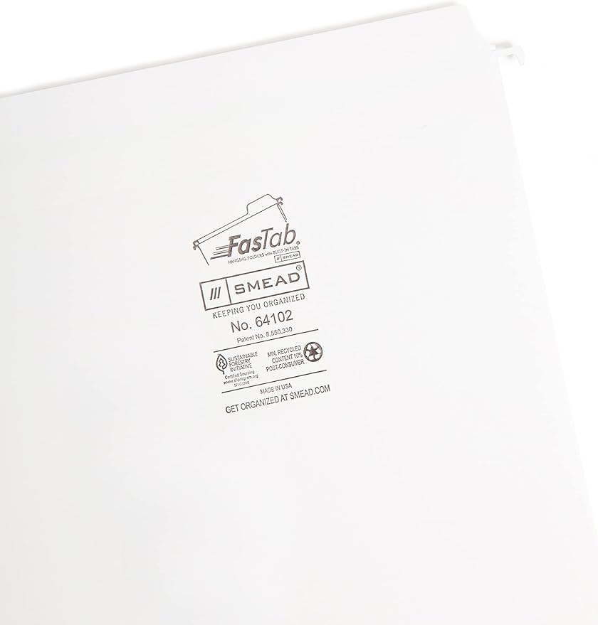 Smead FasTab Hanging File Folder, Straight-Cut Built-in Tab, Letter Size, White, 20 per Box, (64102)