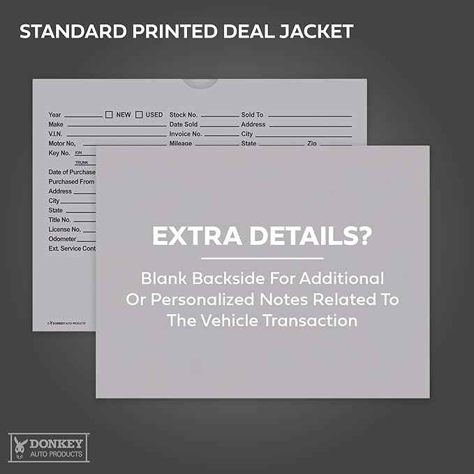Printed Vehicle Deal Envelopes 9x12 Deal Jackets (100 shrink wrapped) (Gray)