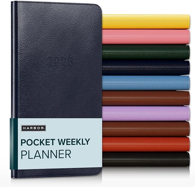 Harbor Pocket Weekly Monthly Planner 2025-2026, Calendar Planner and Notebook, Durable Faux Leather, 192 Pages, Softcover & Book Bound - Softcover & Book Bound - Leida Navy - 6 x 3.25 "