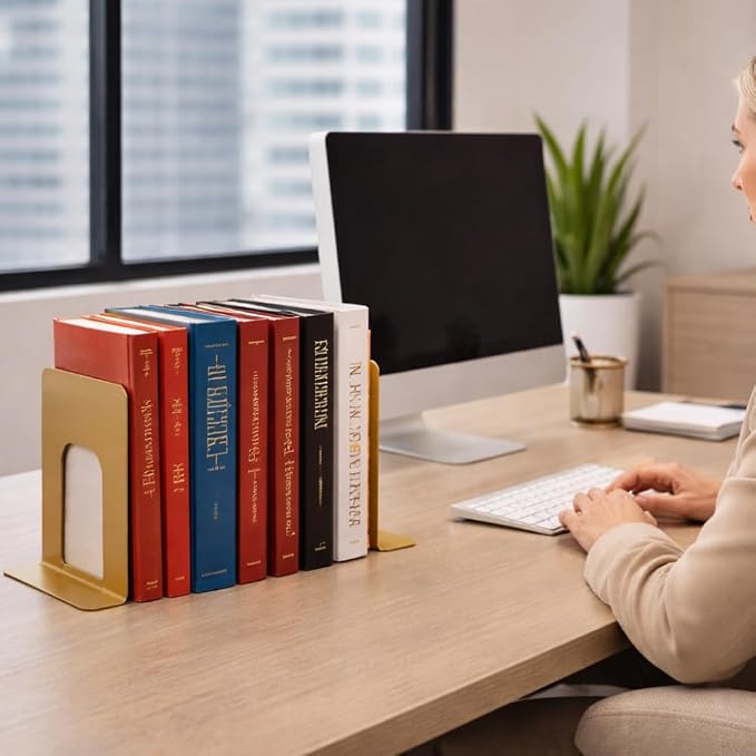 Alessk Dark Matte Gold Metal Bookends for Shelves – Heavy Duty Decorative Bookends for Heavy Books – Modern Book Ends for Office Bookshelf- has 3 Non-Slip Pads at the Bottom – 2Pairs (4 Pieces)