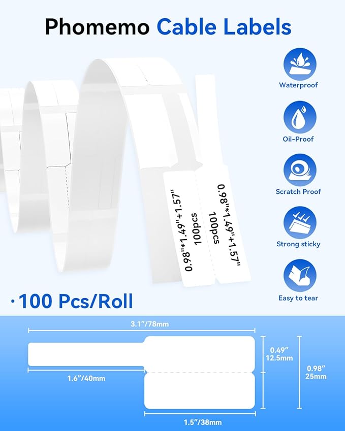Phomemo Thermal Cable Labels M110-300 Pcs Wire Labels 1" x 1.5" + 1.6" T (25x38+40mm) for Phomemo M110/M100/M220/M260/M250/M221 Label Maker, for Management, Cord Tags for Electronics, Black on White