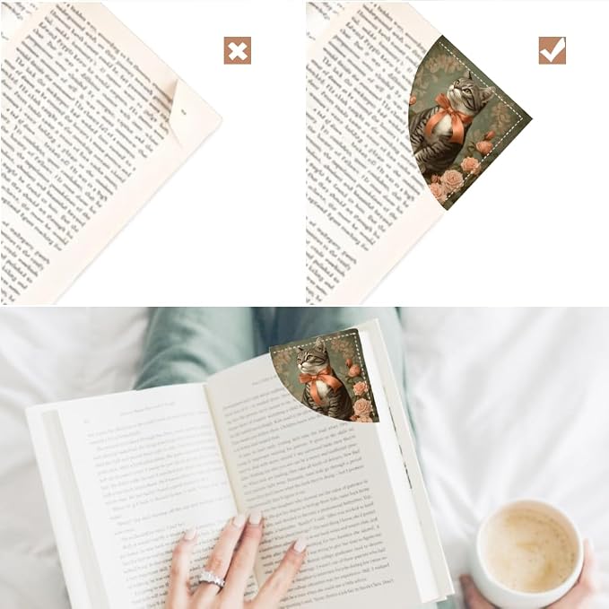 2PCS PU Leather Bookmarks 3.5x3.5 Inch Cat Rose Bow Design | PU leather bookmarks with cat rose bow design for novels, daily journals, reading notes, students, women readers and cat fans