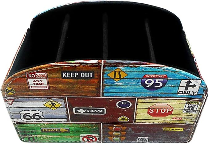 Remote Control Holder Organizer - Leather Table Desk Storage with 5 Spacious Compartments (Road Sign)