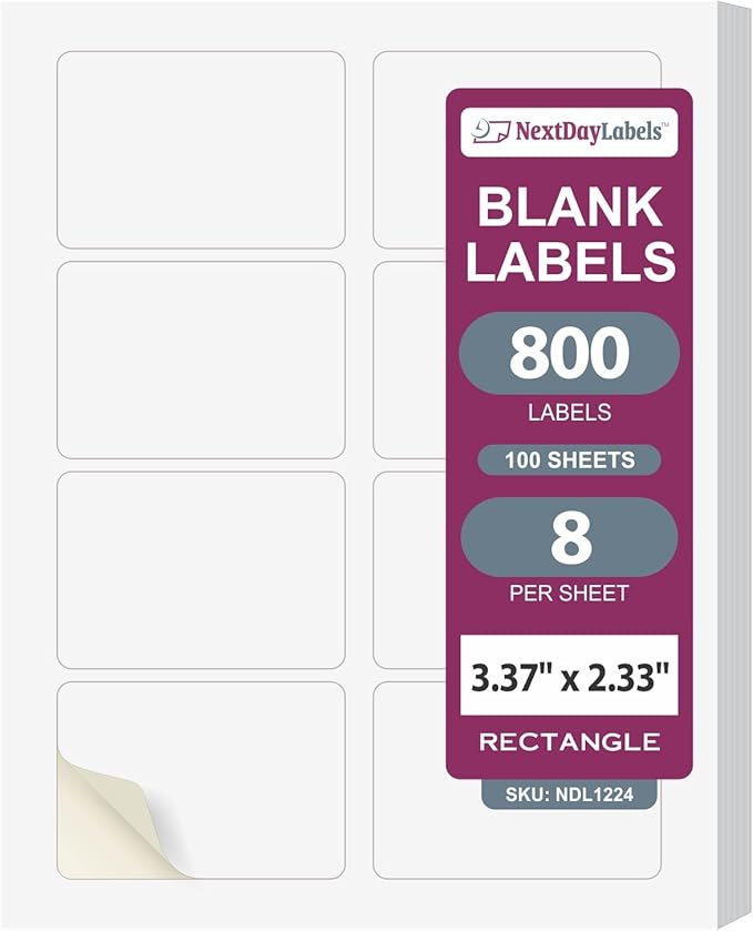 NextDayLabels 3.38x2.33 Inch Rectangle Stickers White Blank Labels for Laser Inkjet Printer - 8 Per Sheet Self-Adhesive Shipping Address Mailing Made in USA - 800 Labels