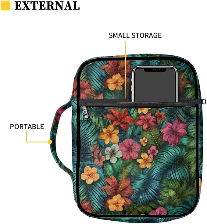 Coldinair Tropical Flower Leaf Bible Covers Bag for Women,Carrying Book Case Church Bag Bible Holder with Handle and Zippered Pocket