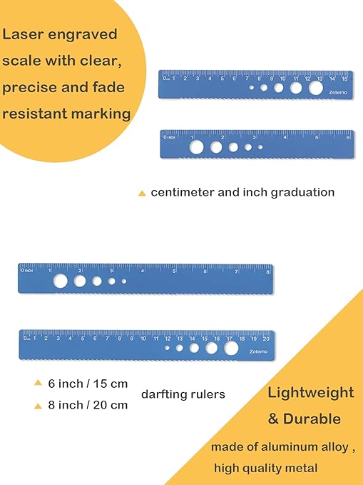 Metal Geometry Set, 5-Piece Aluminum Ruler, Math Drafting Ruler Kit Includes Protractor, Triangle Rulers, Straight Rulers-Math Measurement Tools for School and Office Supplies (Blue)
