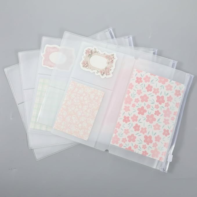 5PCS Travelers Notebook Insert, Transparent PVC Pocket Organizer, Travelers Notebook Accessories, Zippered Pouches with Elastic Bands, Storage Inserts for Cards, Notes, Money