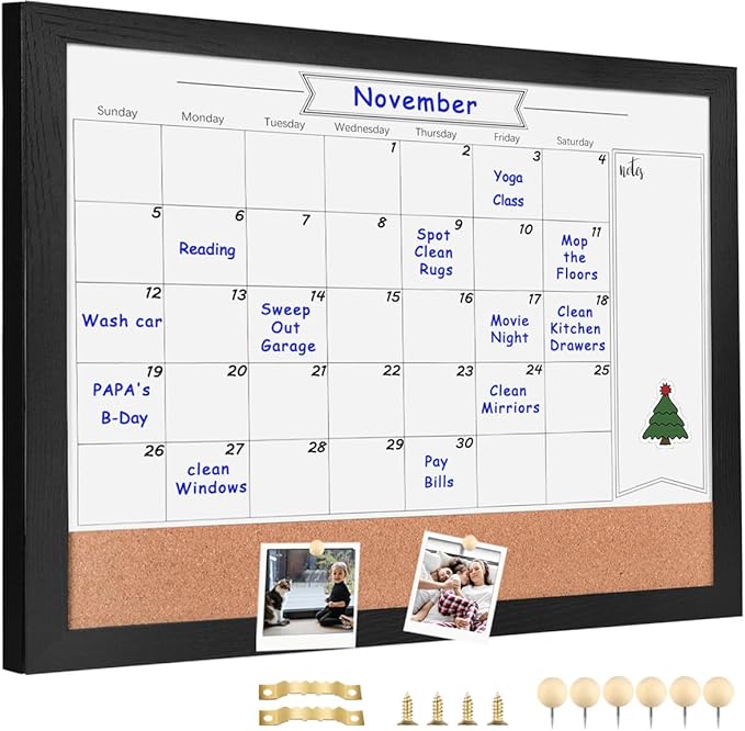 Monthly Calendar Dry Erase White Board & Cork Bulletin Board，13" x 17" Black Wood Frame，Magnetic Surface Whiteboard.Perfect for Organizing Your Space.Whiteboard+Cork-3442A-BK