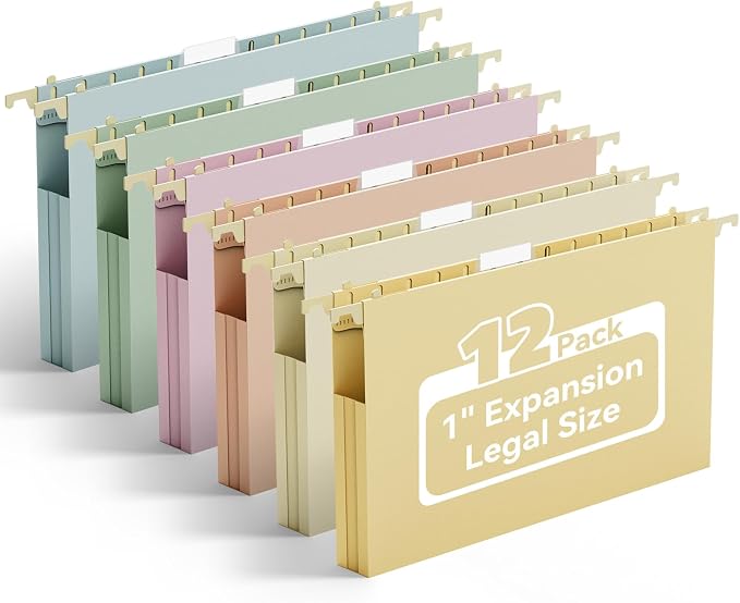 Ansook Plastic Hanging File Folders Legal Size,12 Pack Legal Size File Folders Hanging, Heavy Duty 1 Inch Expansion, Expandable Legal Hanging Folders for Filing Cabinet, 1/5-Cut Tabs - Assorted Colors