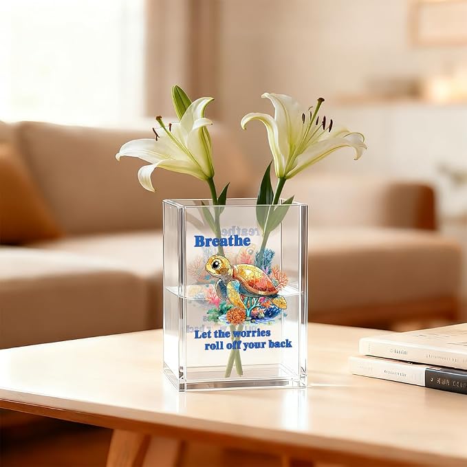 Breathe Let The Worries Roll Off Your Back Pen Holder Makeup Organizer, Funny Sea Turtle Pencil Pen Holder for Desk, Ocean Theme Desk Accessories, Beach Decor Organizer Office Gifts for Coworker