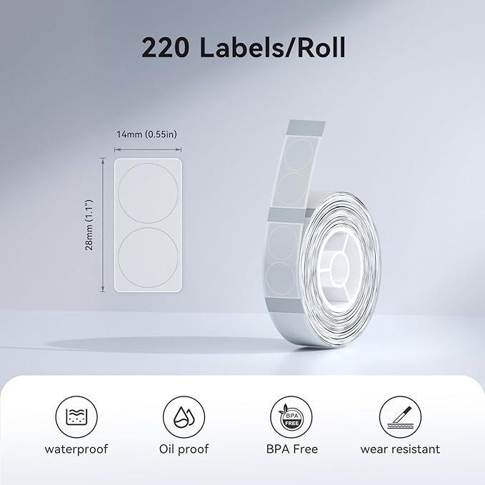 NIIMBOT D110 Label Maker Tape D11 Labels, Self-Adhesive Labeling Tape Replacement 0.55" X 0.55" (14 X 14mm) Round Thermal Label Refills for Home Office, 220 Labels/Rolls, Clear