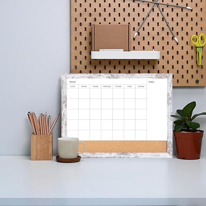 Monthly Calendar Dry Erase White Board & Cork Bulletin Board，13" x 17" White Wood Frame，Magnetic Surface Whiteboard.Perfect for Organizing Your Space.Whiteboard+Cork-3343B-WH