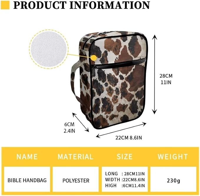 Coldinair Brown Cow Print Bible Covers Bag for Men Women,Durable Carrying Book Case Church Bag Bible Holder with Handle and Zippered Pocket