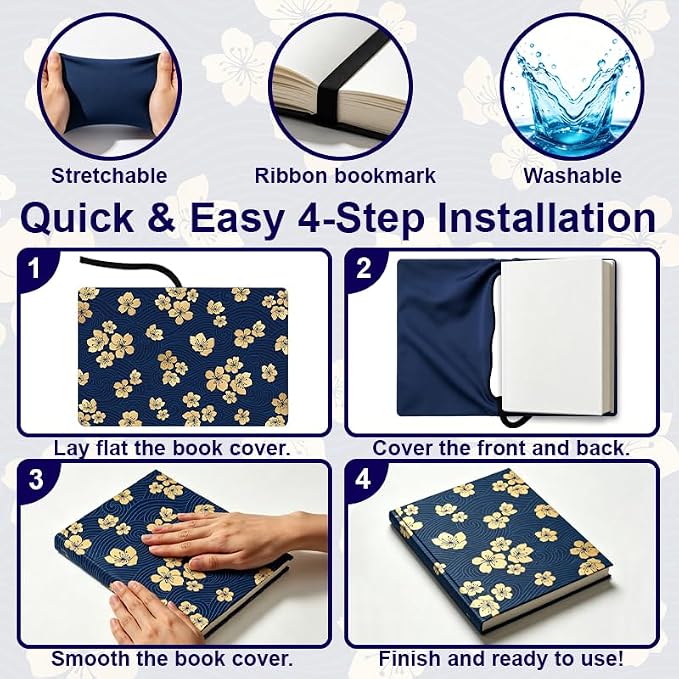 Flowers and Lines Patern Stretchable Book Cover 15.7"x9.8", Elastic Washable Book Protector for Hardcover Textbooks Paperbacks, Reusable Polyester Book Sleeve for Women