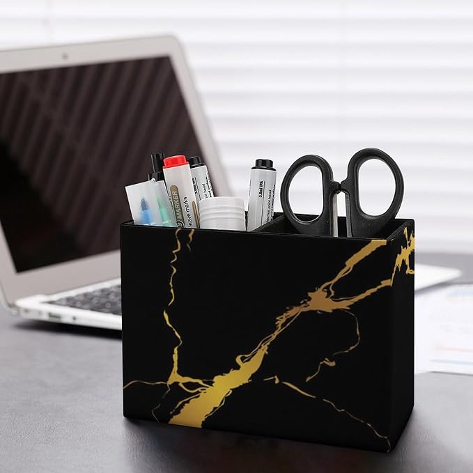 Square Pen Holder Black Marble Gold Texture for Desk, Leather Pencil Container Decoration Office Desk Home, Study Table Pen Organizer, Pencil Organizer