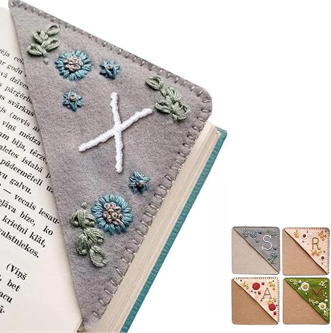 Personalized Hand Embroidered Corner Bookmark, 26 Letters Cute Flower Embroidered Corner Bookmark Embroidery Book Marker Clip for Book Lovers Bookmarks for Reading Lovers Meaningful GIF (Winter, X)