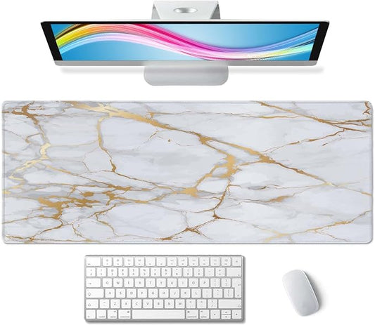 Desk Mat White Golden Marble Texture Large Keyboard Mouse Pad for Laptop PC Setup Desk Cover Protector Desk DéCor for Office Home Work Gaming 31.5" X 11.8" Stitched Edge Non-Slip Design