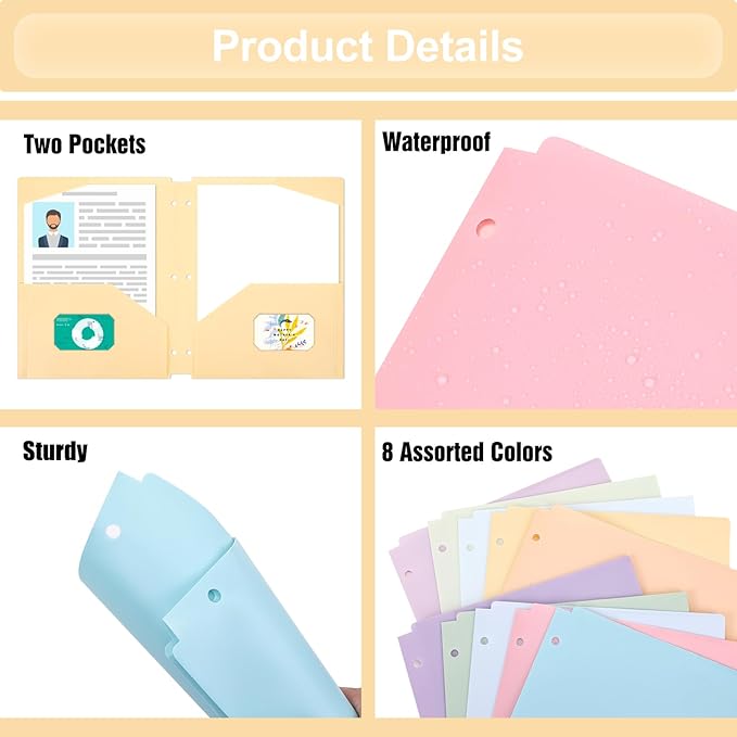 EOOUT Plastic Folders with Pockets, 3 Hole Punch Folders for 3 Ring Binder, 10 Pastel Colors, Heavy Duty File Folders for School Office Supplies(10pcs)