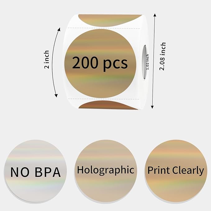 STARLIBOO 2 Inch Round Holographic Thermal Label Stickers, Glitter Circle Thermal Printer Sticker Labels, Self-Adhesive Direct Labels for Gift Wrapping-Beige Gradient