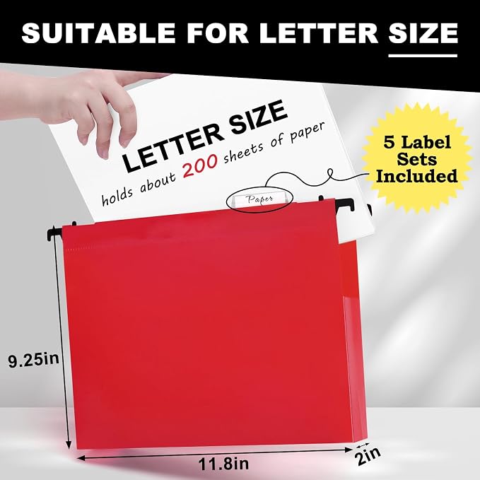 Navona Plastic Hanging File Folders, 10 Pack Extra Capacity 2" Expanding Pockets, Heavy Duty Letter Size with Clear Tabs, 10 Assorted Colors for Home Office Filing Cabinets