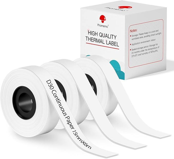 Phomemo D30 Continuous White Label Paper, for D35 Q30 Q31 Q32 Q30S Label Maker, Thermal Printing Inkless & Clean, 0.59"X23.62"(15mm X 6m),Labeling for Home Organization Office