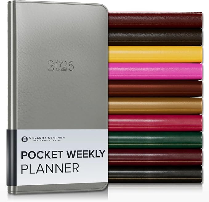 Gallery Leather Pocket Weekly Monthly Planner 2025-2026,Elegantly Bound Calendar Planner and Notebook with Stylish Gold-Gilded Page Edges, 12 Months - Freeport Metallic Silver - 6 x 3.25 "