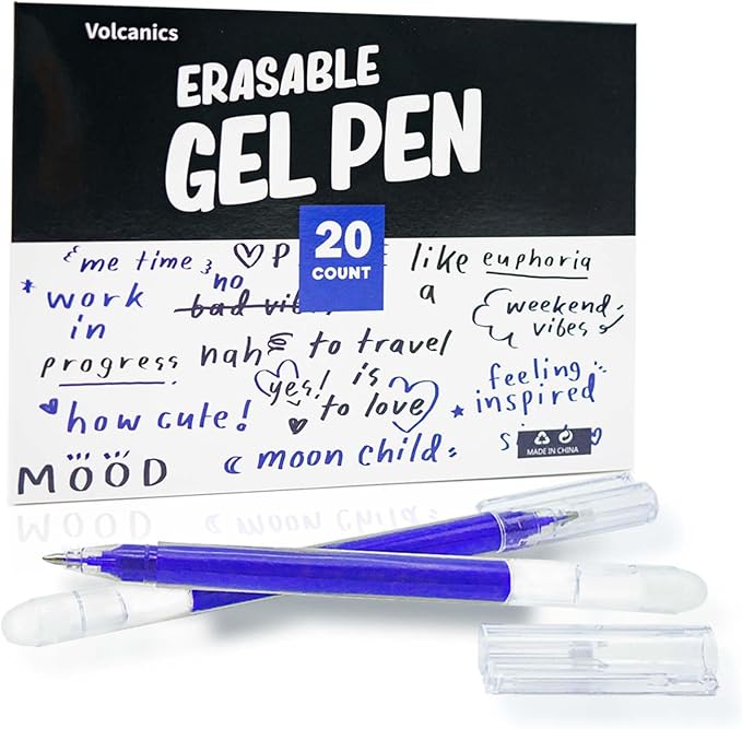 Volcanics Erasable Gel Pens Blue Ink 20 Pack Erasable Gel Ink Pens with Caps, Smooth Writing, Erasable Pens for Office, Drawing, Journaling