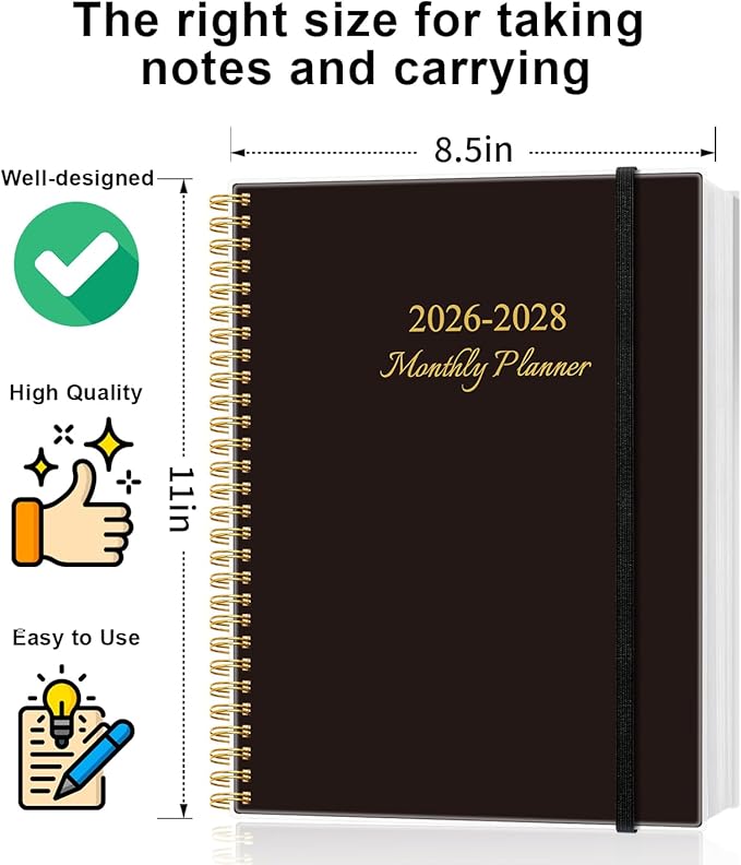 2026-2028 Monthly Planner, 3 Years Calendar from April 2026 - December 2028 with Spiral Binding, Inner Pocket, Elastic Closure, 33 Month Planner for Home | School | Office, 8.5" x 11", Black