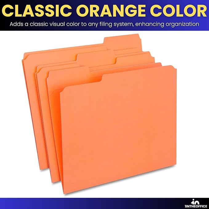 1InTheOffice Orange Folder, Orange File Folders, Durable Folder, File Folder Letter Size, 1/3 Cut Assorted Tab, 100 pcs (100)