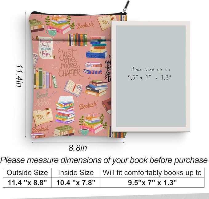Pink Bookish Book Sleeve, Book Lovers Gifts Sleeve with Zipper & Front Pocket, 11.4x8.8 Inch Canvas Books Cover Protector Bookish Gifts for Readers Librarian Women Teacher
