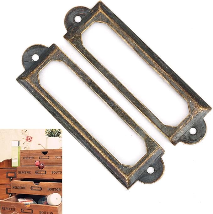 20PCS Metal Drawer Label Holders, Retro Exquisite File Cabinet Label Frames Card Tag Label Holder with Screws for Office Drawers Shelves (Bronze Color)